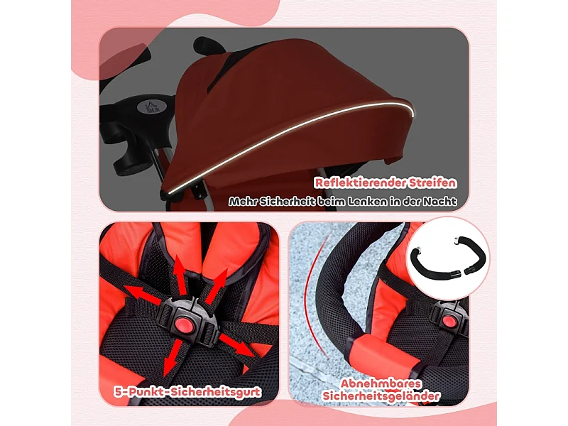 Tricycle enfant 6-en-1 avec canne poussoir, siège réglable, harnais, toit amovible, panier, porte-gobelet, polyester rouge (112x50x104cm)