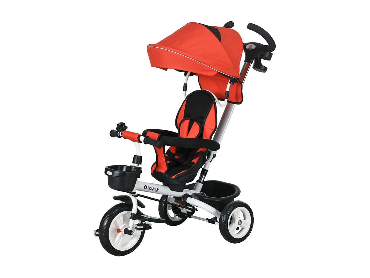 Tricycle enfant 6-en-1 avec canne poussoir, siège réglable, harnais, toit amovible, panier, porte-gobelet, polyester rouge (112x50x104cm)