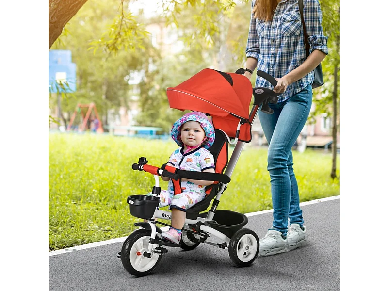 Tricycle enfant 6-en-1 avec canne poussoir, siège réglable, harnais, toit amovible, panier, porte-gobelet, polyester rouge (112x50x104cm)