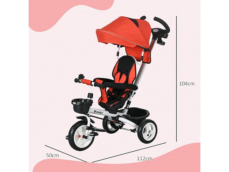 Tricycle enfant 6-en-1 avec canne poussoir, siège réglable, harnais, toit amovible, panier, porte-gobelet, polyester rouge (112x50x104cm)