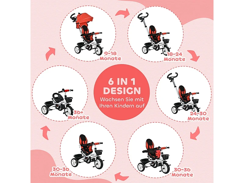 Tricycle enfant 6-en-1 avec canne poussoir, siège réglable, harnais, toit amovible, panier, porte-gobelet, polyester rouge (112x50x104cm)
