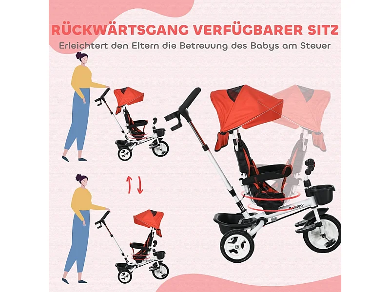 Tricycle enfant 6-en-1 avec canne poussoir, siège réglable, harnais, toit amovible, panier, porte-gobelet, polyester rouge (112x50x104cm)