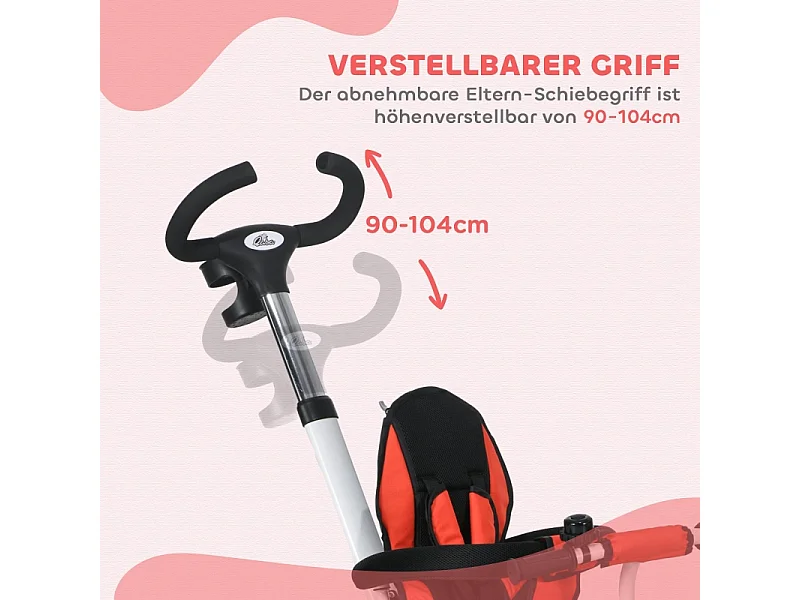 Tricycle enfant 6-en-1 avec canne poussoir, siège réglable, harnais, toit amovible, panier, porte-gobelet, polyester rouge (112x50x104cm)