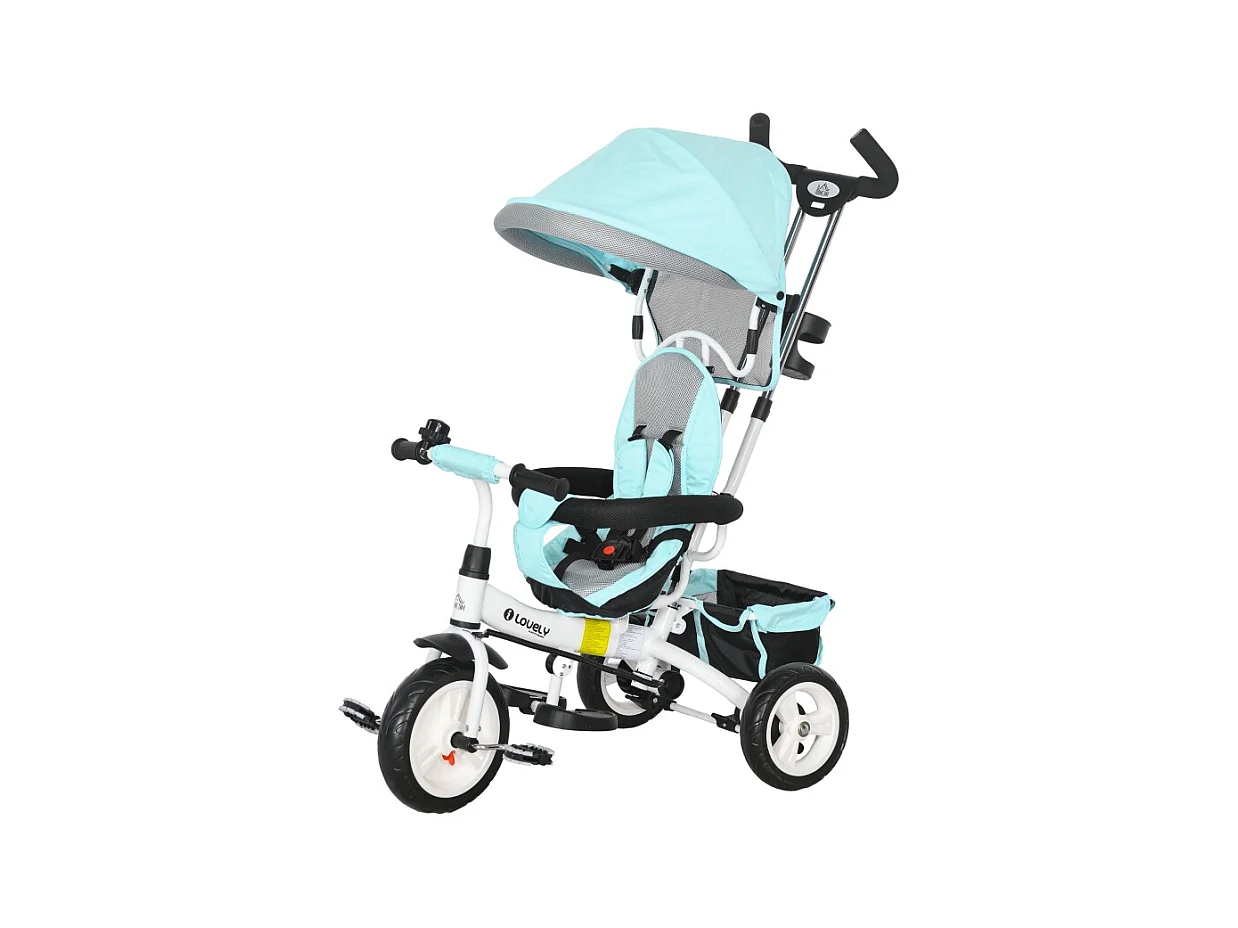 Tricycle évolutif 6-en-1 avec canne poussoir, plastique, vert, avec pare-soleil amovible et panier (95x50x106cm)