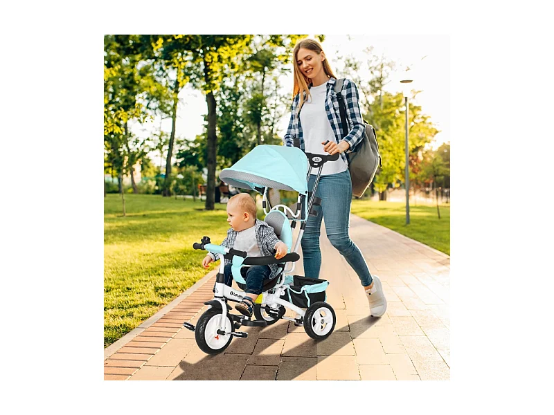 Tricycle évolutif 6-en-1 avec canne poussoir, plastique, vert, avec pare-soleil amovible et panier (95x50x106cm)