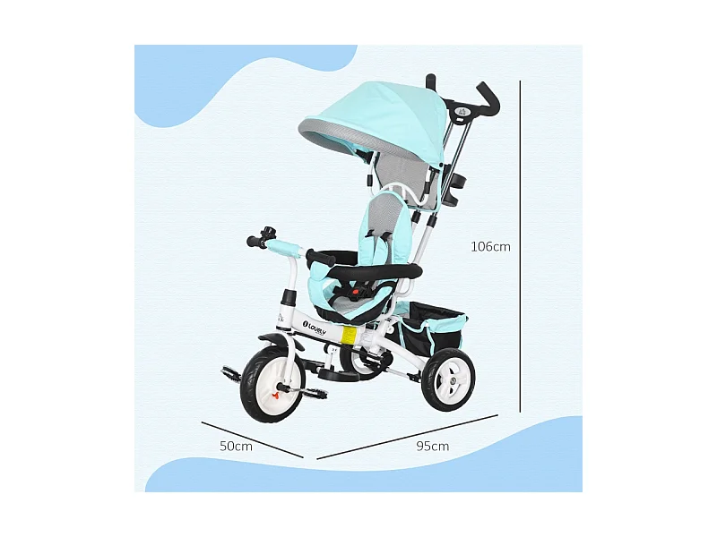 Tricycle évolutif 6-en-1 avec canne poussoir, plastique, vert, avec pare-soleil amovible et panier (95x50x106cm)