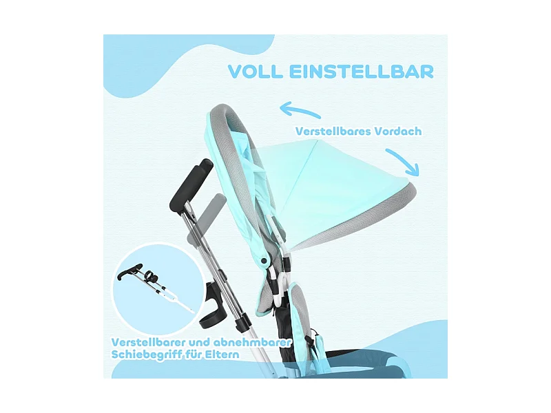 Tricycle évolutif 6-en-1 avec canne poussoir, plastique, vert, avec pare-soleil amovible et panier (95x50x106cm)