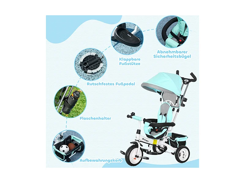 Tricycle évolutif 6-en-1 avec canne poussoir, plastique, vert, avec pare-soleil amovible et panier (95x50x106cm)