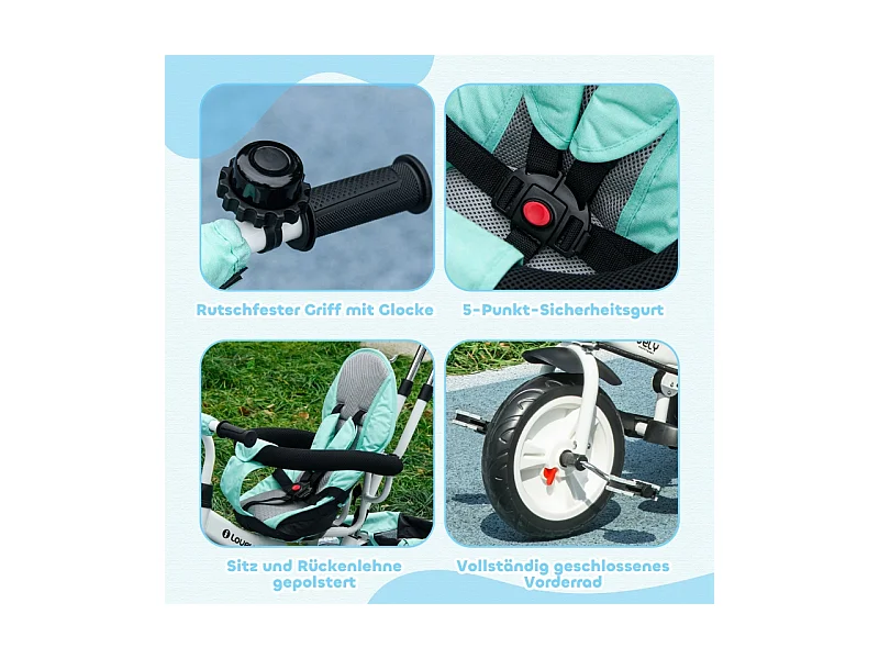 Tricycle évolutif 6-en-1 avec canne poussoir, plastique, vert, avec pare-soleil amovible et panier (95x50x106cm)