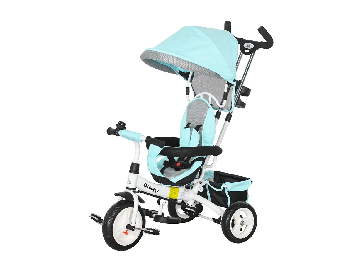 Tricycle évolutif 6-en-1 avec canne poussoir, plastique, vert, avec pare-soleil amovible et panier (95x50x106cm)