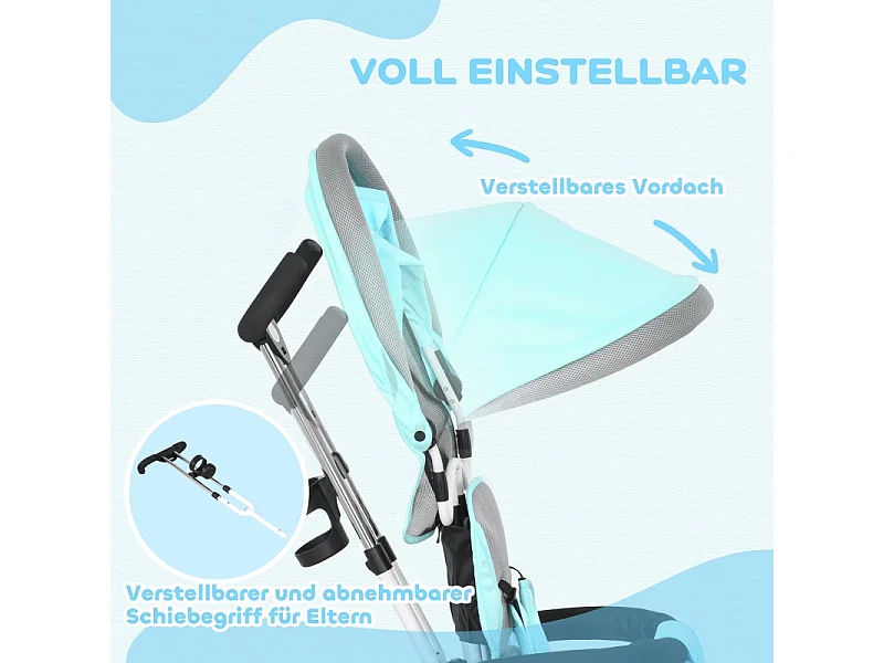 Tricycle évolutif 6-en-1 avec canne poussoir, plastique, vert, avec pare-soleil amovible et panier (95x50x106cm)