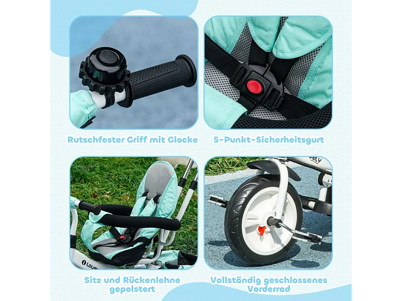 Tricycle évolutif 6-en-1 avec canne poussoir, plastique, vert, avec pare-soleil amovible et panier (95x50x106cm)