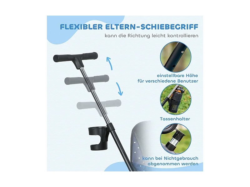 Tricycle évolutif 6-en-1 avec canne parentale, métal, bleu foncé (105x47x98cm)