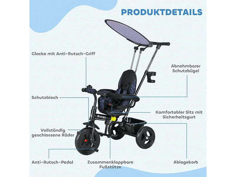 Tricycle évolutif 6-en-1 avec canne parentale, métal, bleu foncé (105x47x98cm)