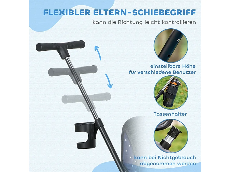 Tricycle évolutif 6-en-1 avec canne parentale, métal, bleu foncé (105x47x98cm)