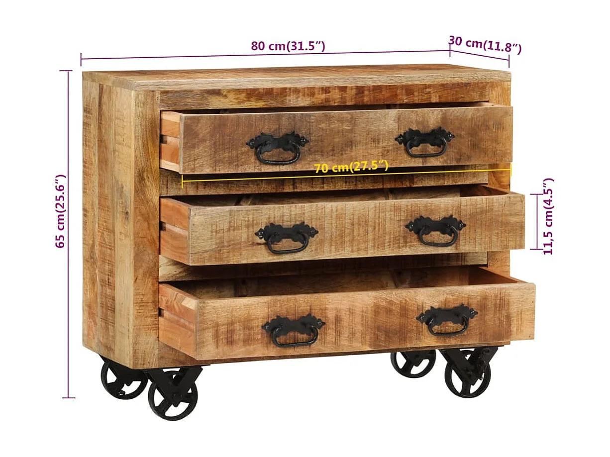 Buffet avec 3 tiroirs 80x30x65 cm bois de manguier brut massif