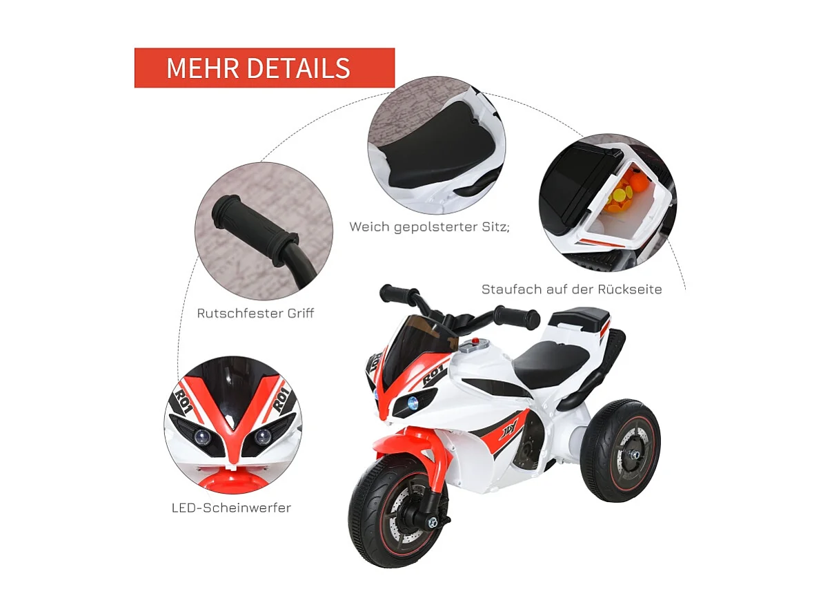 Motocyclette pour enfants avec musique, design ludique, plastique, blanc (74x39x48cm)