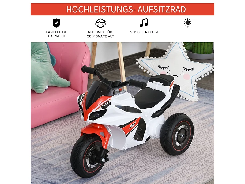 Motocyclette pour enfants avec musique, design ludique, plastique, blanc (74x39x48cm)