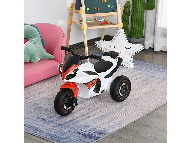 Motocyclette pour enfants avec musique, design ludique, plastique, blanc (74x39x48cm)