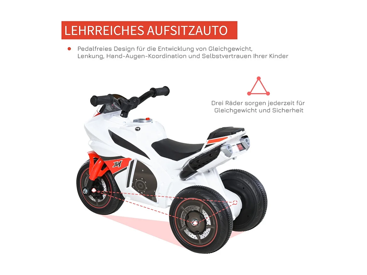 Motocyclette pour enfants avec musique, design ludique, plastique, blanc (74x39x48cm)