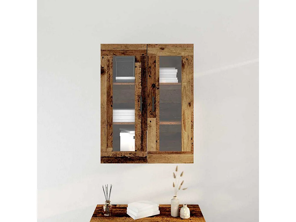 Mobiletto a muro con ante in vetro - Legno anticato - 69,5x34x90 cm