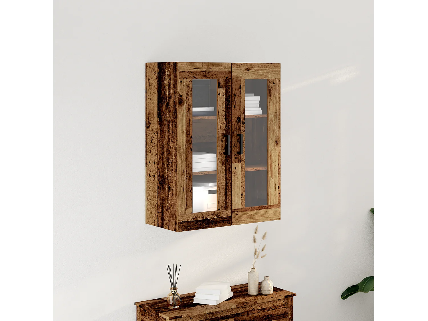 Mobiletto a muro con ante in vetro - Legno anticato - 69,5x34x90 cm