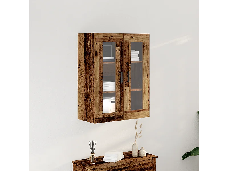 Mobiletto a muro con ante in vetro - Legno anticato - 69,5x34x90 cm
