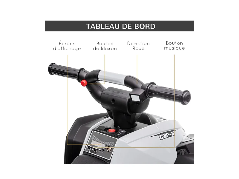 Quad électrique pour enfants, 6 km/h, effets sonores et lumineux, métal, noir et blanc (83x53x55.5cm)