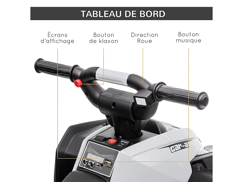 Quad électrique pour enfants, 6 km/h, effets sonores et lumineux, métal, noir et blanc (83x53x55.5cm)