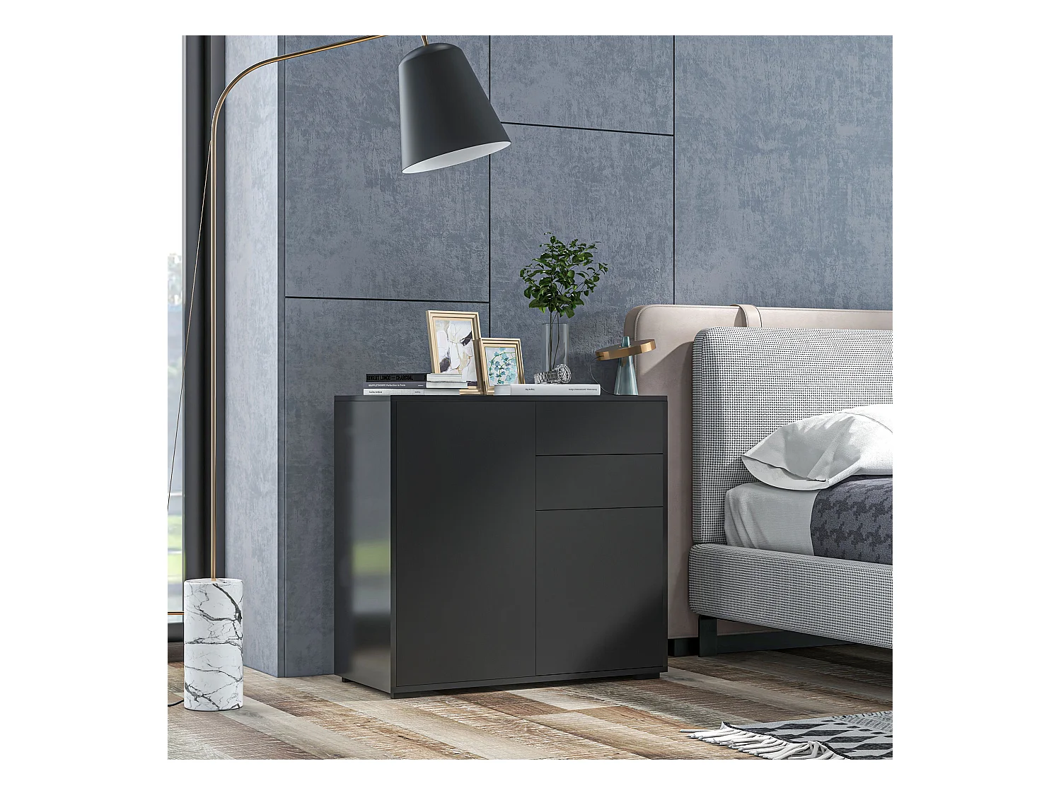 Buffet de rangement noir avec 2 tiroirs et 2 portes, contreplaqué, antidéversement (117x36x74cm)