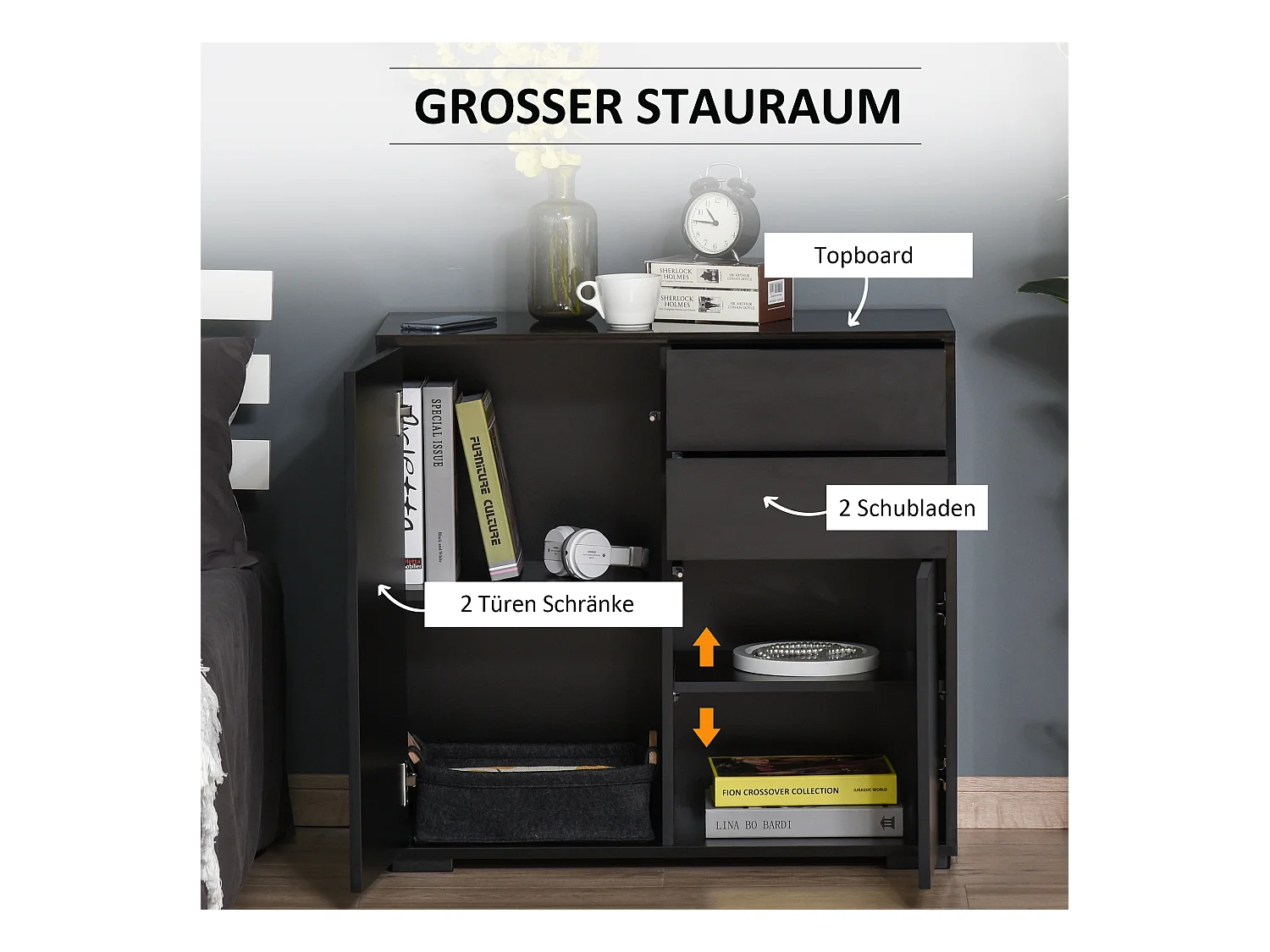 Buffet de rangement noir avec 2 tiroirs et 2 portes, contreplaqué, antidéversement (117x36x74cm)