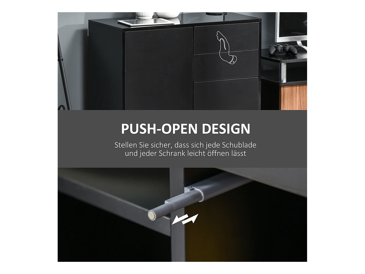 Buffet de rangement noir avec 2 tiroirs et 2 portes, contreplaqué, antidéversement (117x36x74cm)