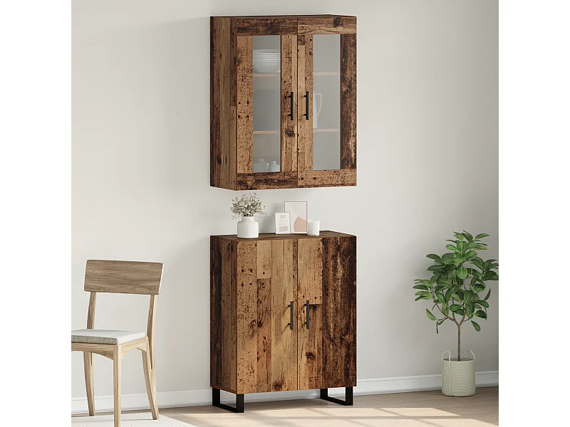 Hoge kast met plank, wandmontage, opbergruimte en deur, antiek hout, middelgroot bewerkt hout
