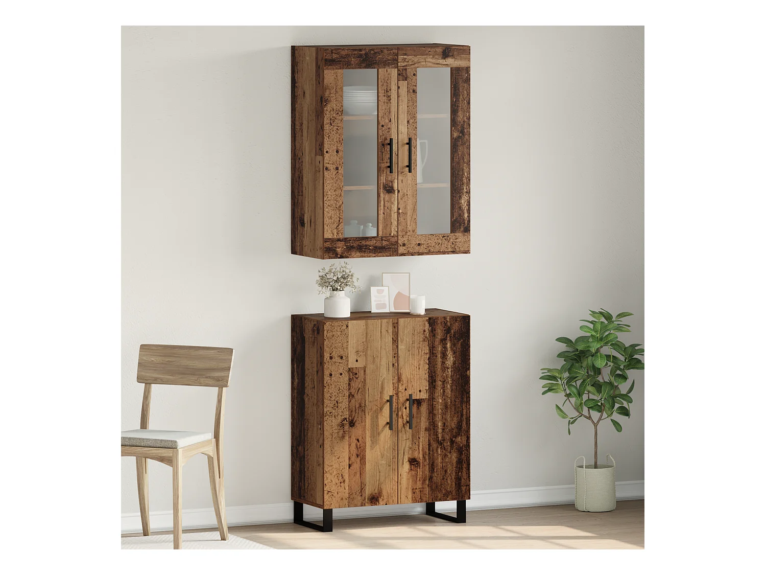 Gabinete alto con estante de montaje en pared con almacenamiento con puerta Madera antigua Madera de ingeniería mediana