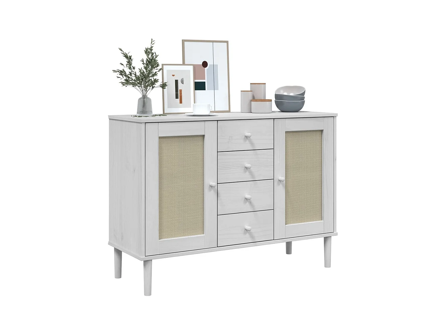 Buffet SENJA aspect rotin blanc 112x40x80cm bois massif de pin