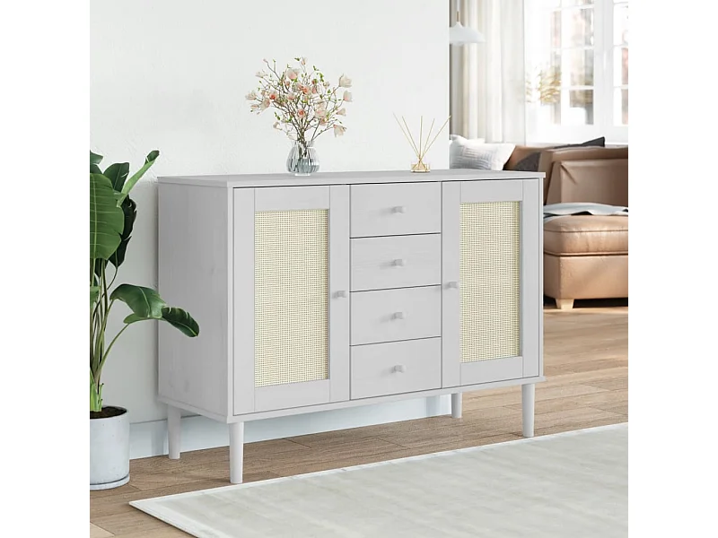 Credenza SENJA in effetto rattan bianco 112x40x80cm in legno massello di pino