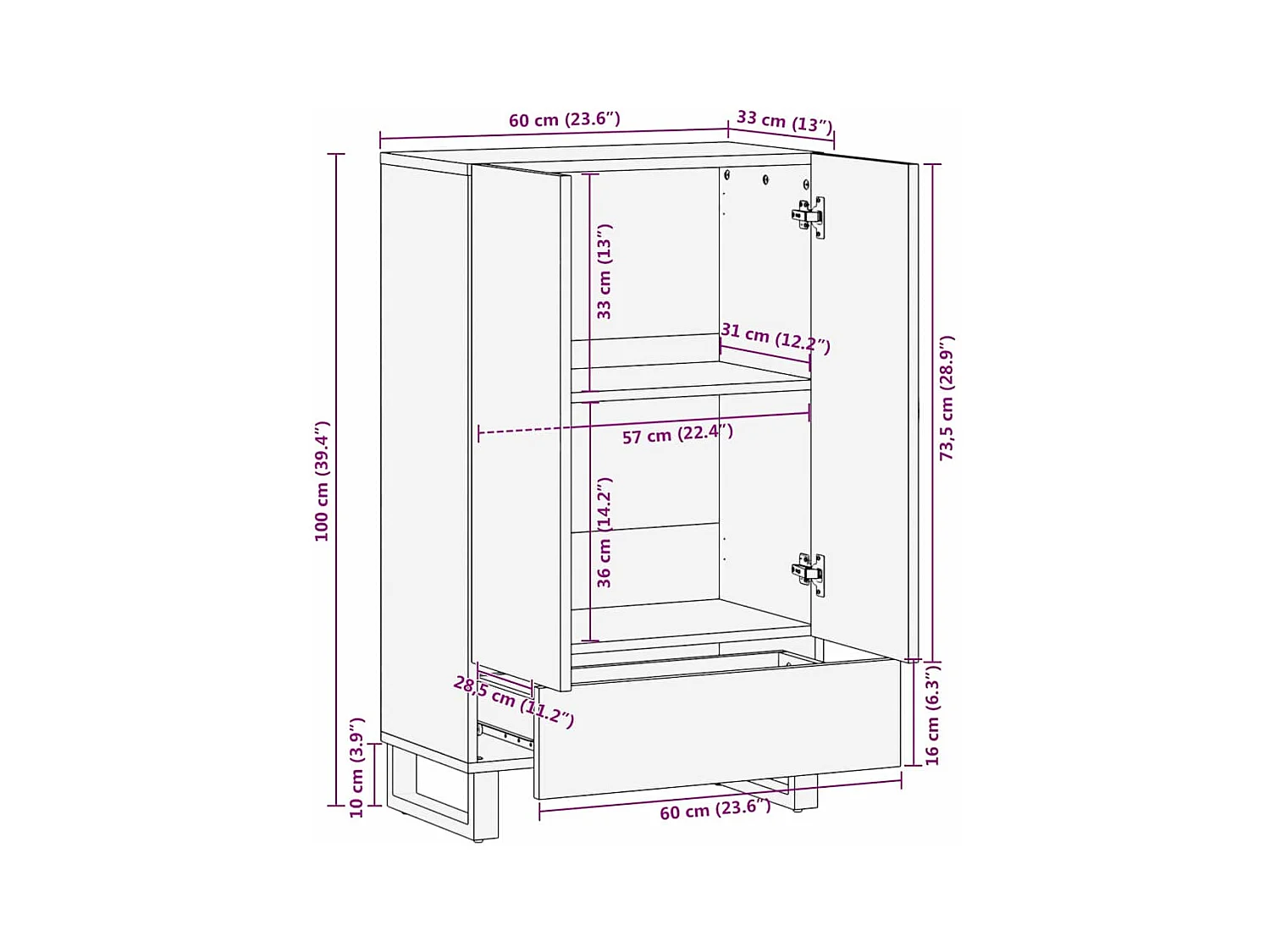 Credenza 60x33,5x100 cm in legno massello di mango