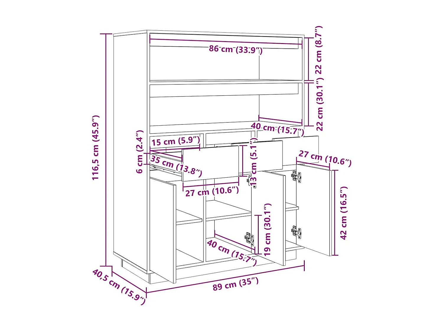 Buffet haut 89x40x116,5 cm Bois massif de pin