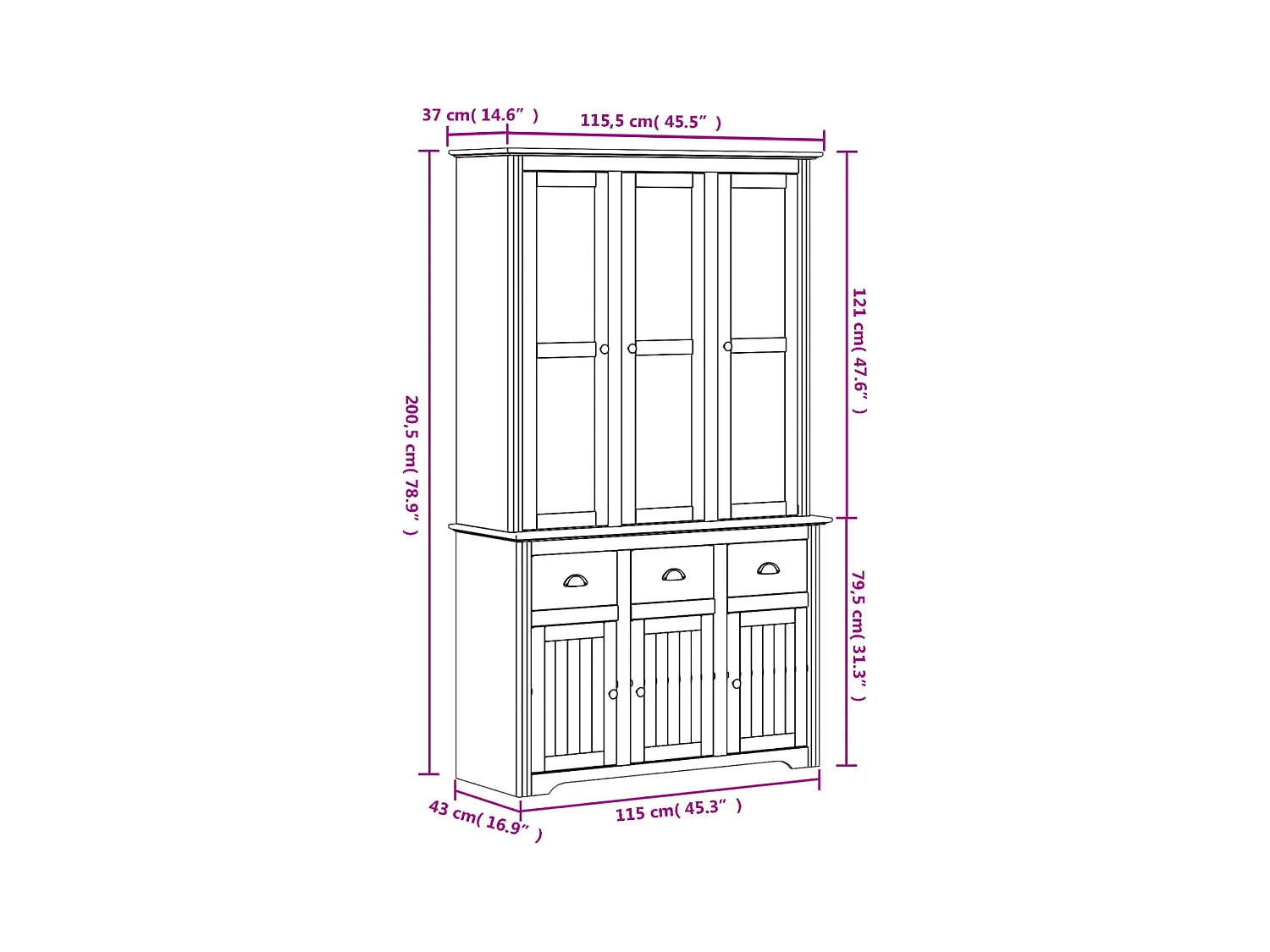 Buffet BODO blanc et marron 115,5x43x200,5cm bois massif de pin