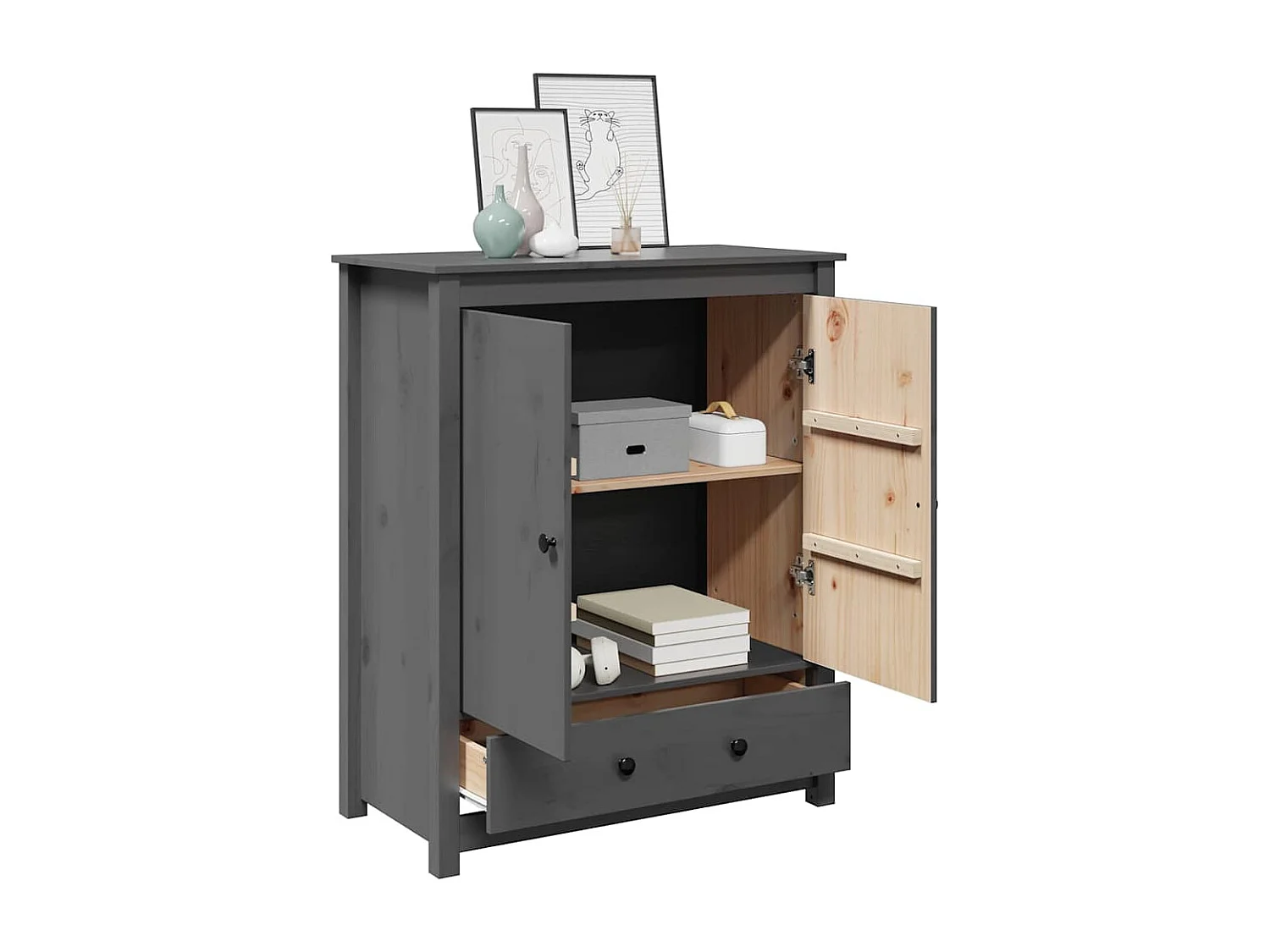 Credenza grigia 83x41,5x100 cm in legno massello di pino