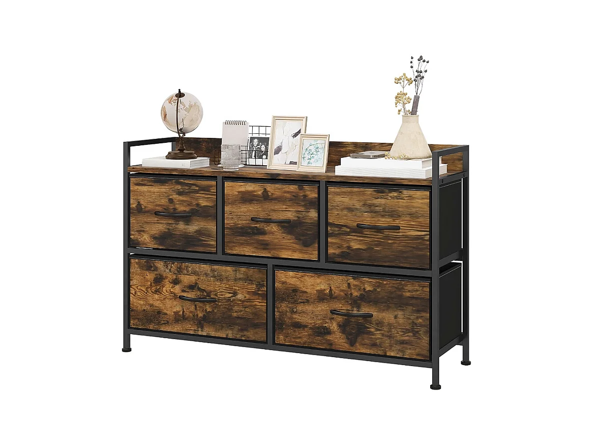 Commode à 5 tiroirs en tissu, design industriel, polyester, marron rustique (98x29x63cm)