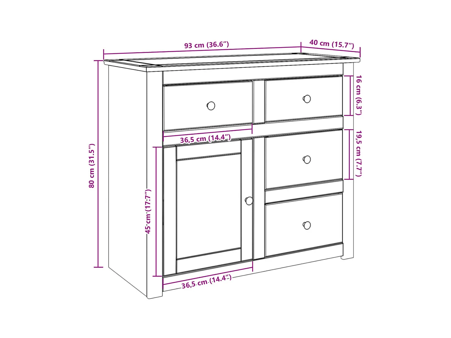 Buffet avec tiroirs Panama 93x40x80 cm bois massif de pin