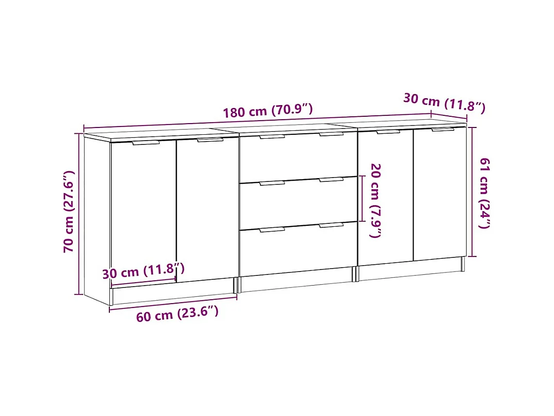 Buffets 3 pcs vieux bois 60x30x70 cm bois d'ingénierie