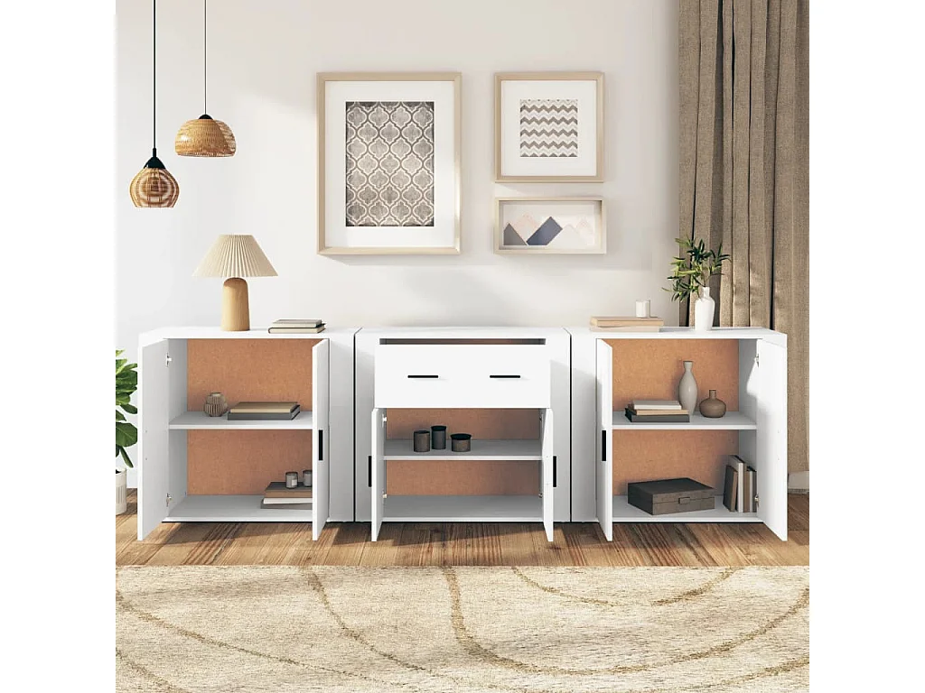 Set di credenze da 3 pezzi, legno ingegnerizzato bianco