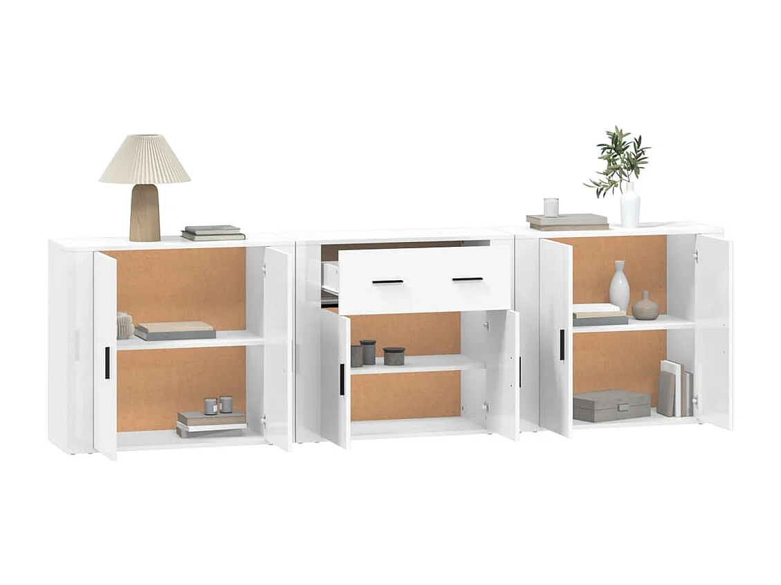 Set di credenze da 3 pezzi, legno ingegnerizzato bianco