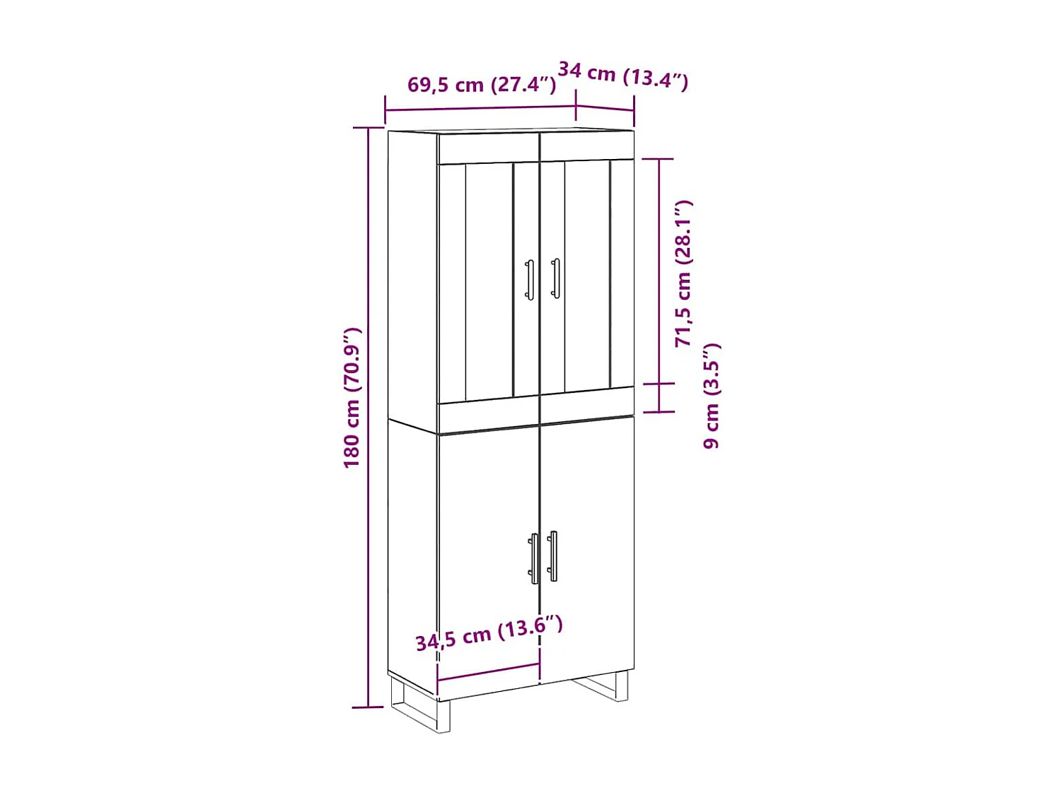 Buffet en chêne noir 69.5x34x180 cm en bois d'ingénierie