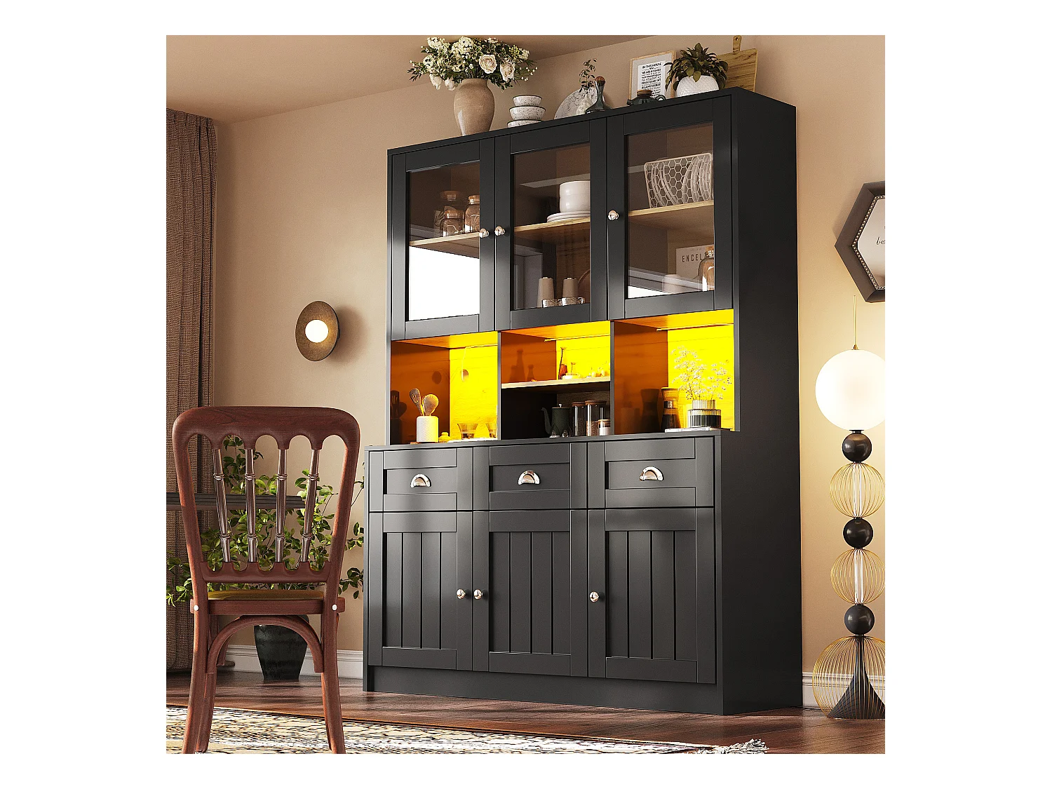 Buffet de cuisine moderne avec éclairage LED réglable, MDF, blanc/noir, étagères ajustables (140x40x175cm)