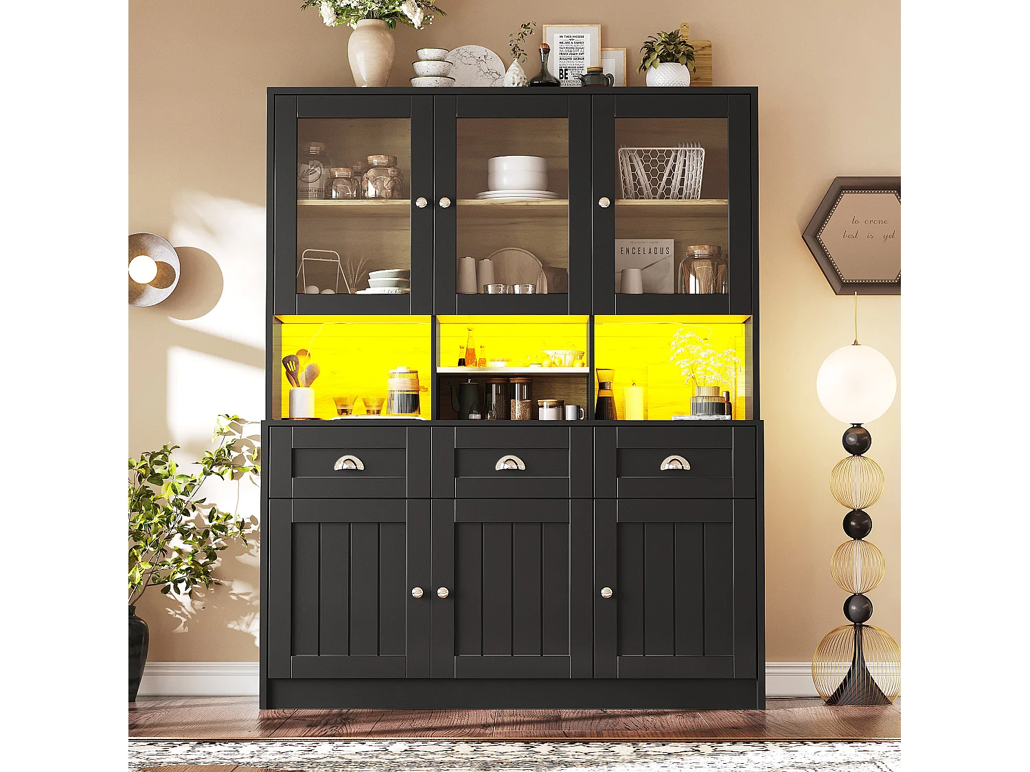 Buffet de cuisine moderne avec éclairage LED réglable, MDF, blanc/noir, étagères ajustables (140x40x175cm)