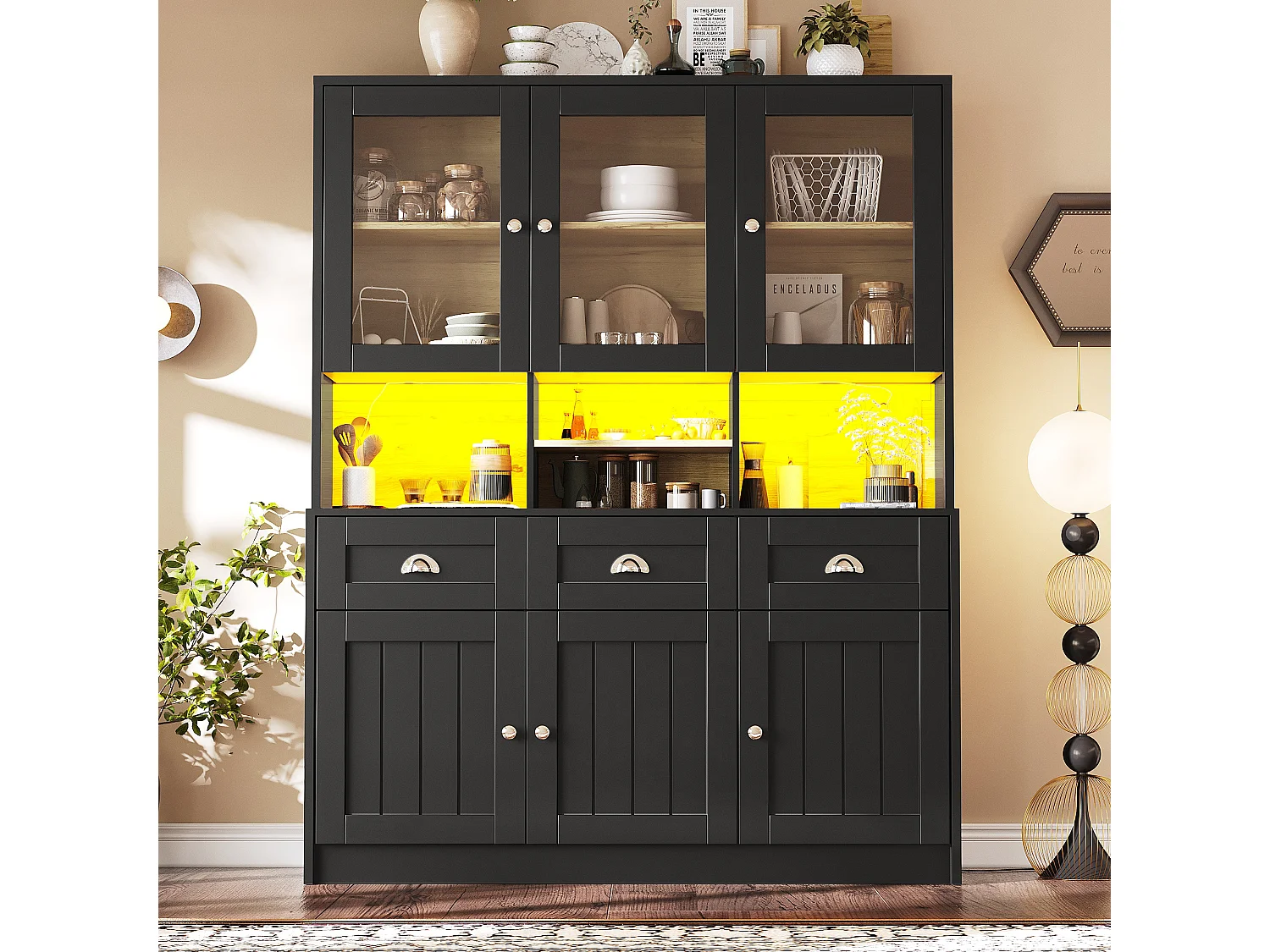 Buffet de cuisine moderne avec éclairage LED réglable, MDF, blanc/noir, étagères ajustables (140x40x175cm)