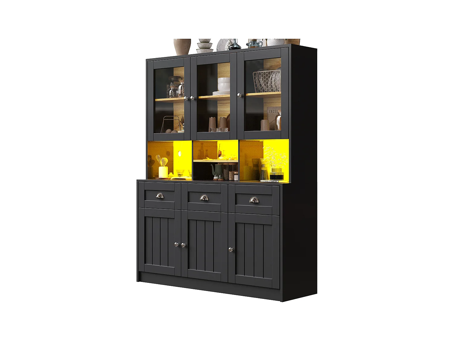 Buffet de cuisine moderne avec éclairage LED réglable, MDF, blanc/noir, étagères ajustables (140x40x175cm)